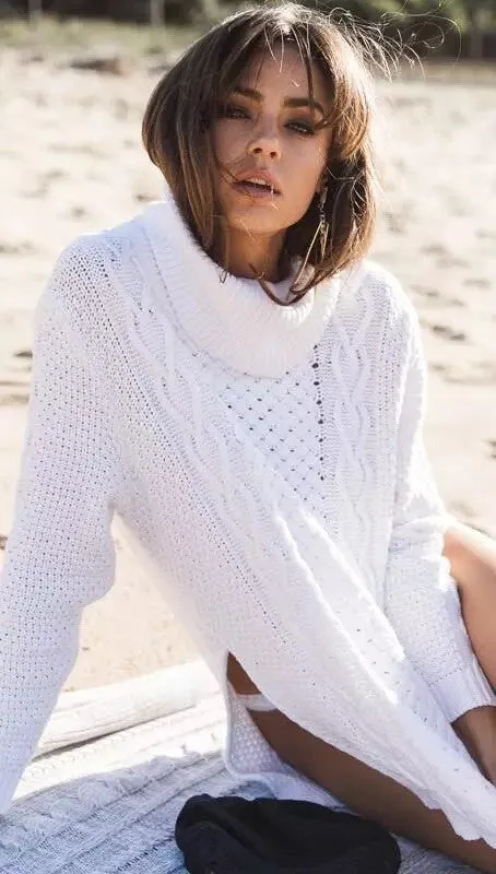 High Neck Pull Over High Slitting Sweater