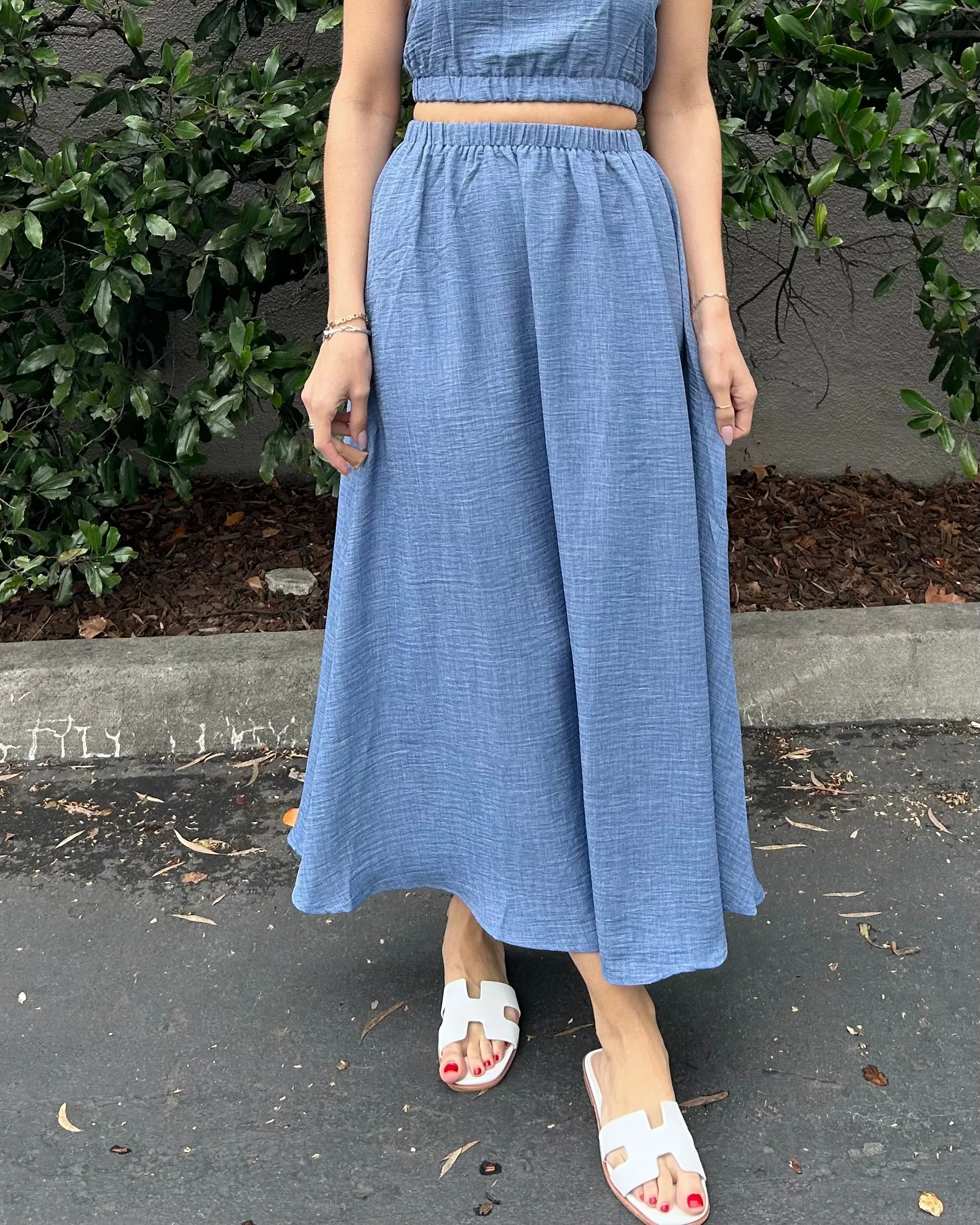 High Waisted Midi Skirt with Pockets - Denim
