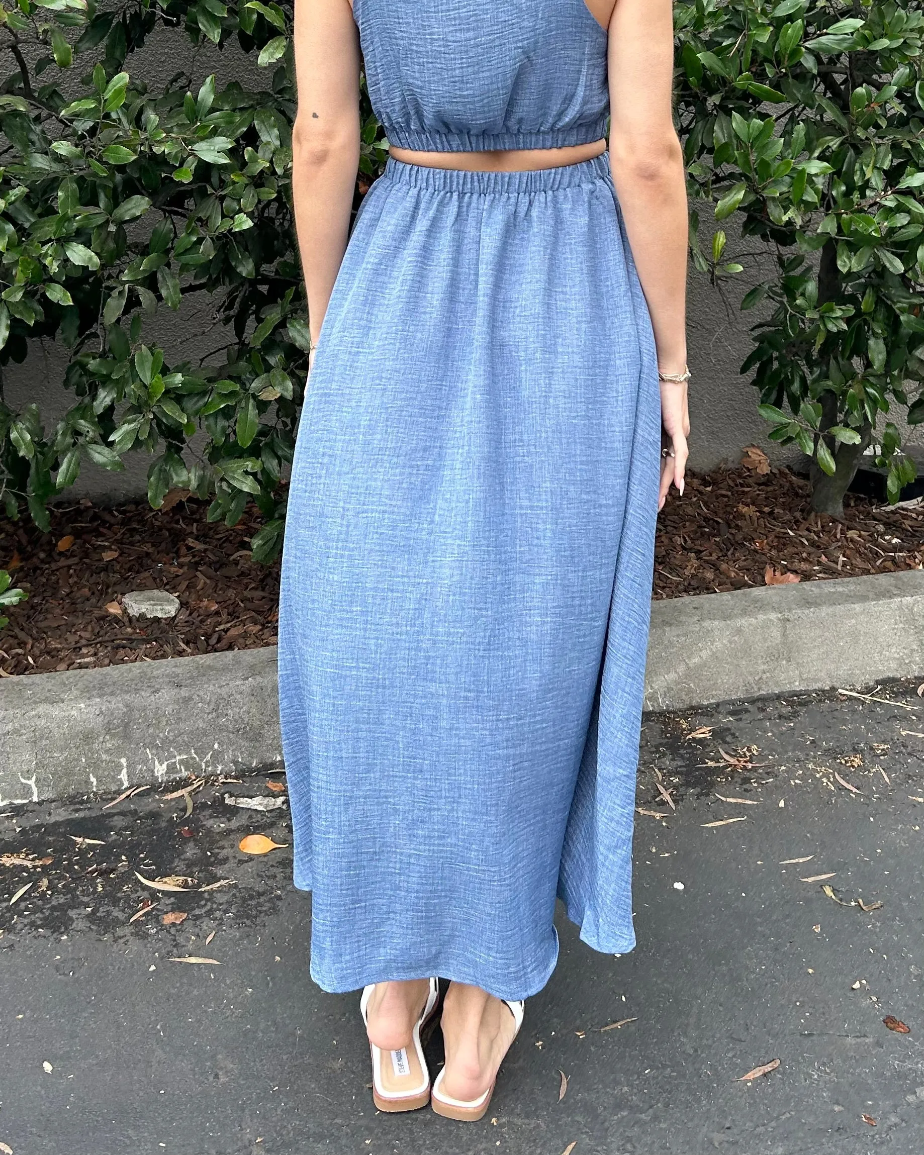 High Waisted Midi Skirt with Pockets - Denim