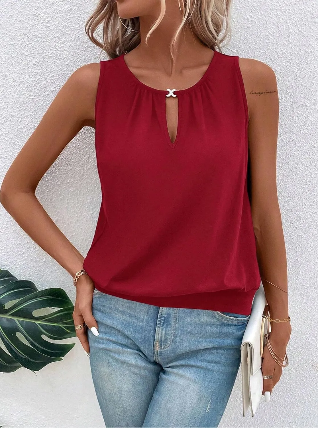 Hilinker Womens V Neck Ombre Tank Top Summer Casual Basic Loose Sleeveless T Shirt