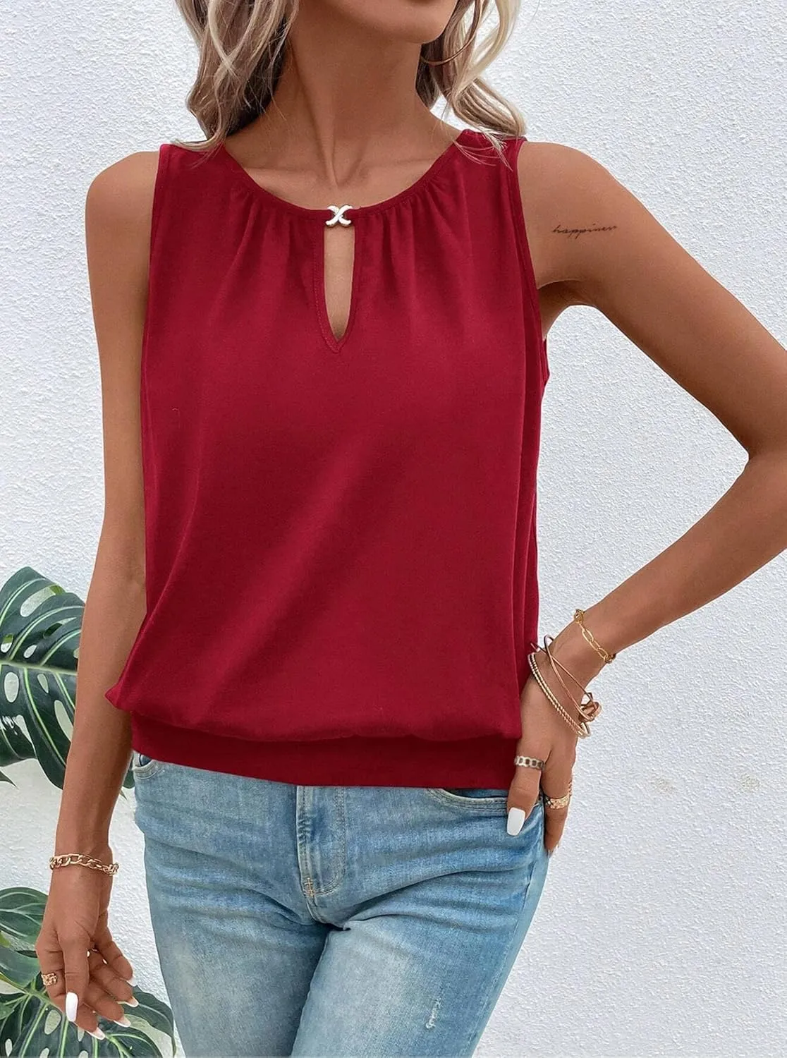 Hilinker Womens V Neck Ombre Tank Top Summer Casual Basic Loose Sleeveless T Shirt
