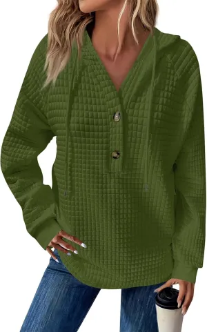 Hoodies For Women Waffle Knit Long Sleeve Shirts Drawstring Button V Neck Tops Fall Loose Fit Pullover Sweatshirt