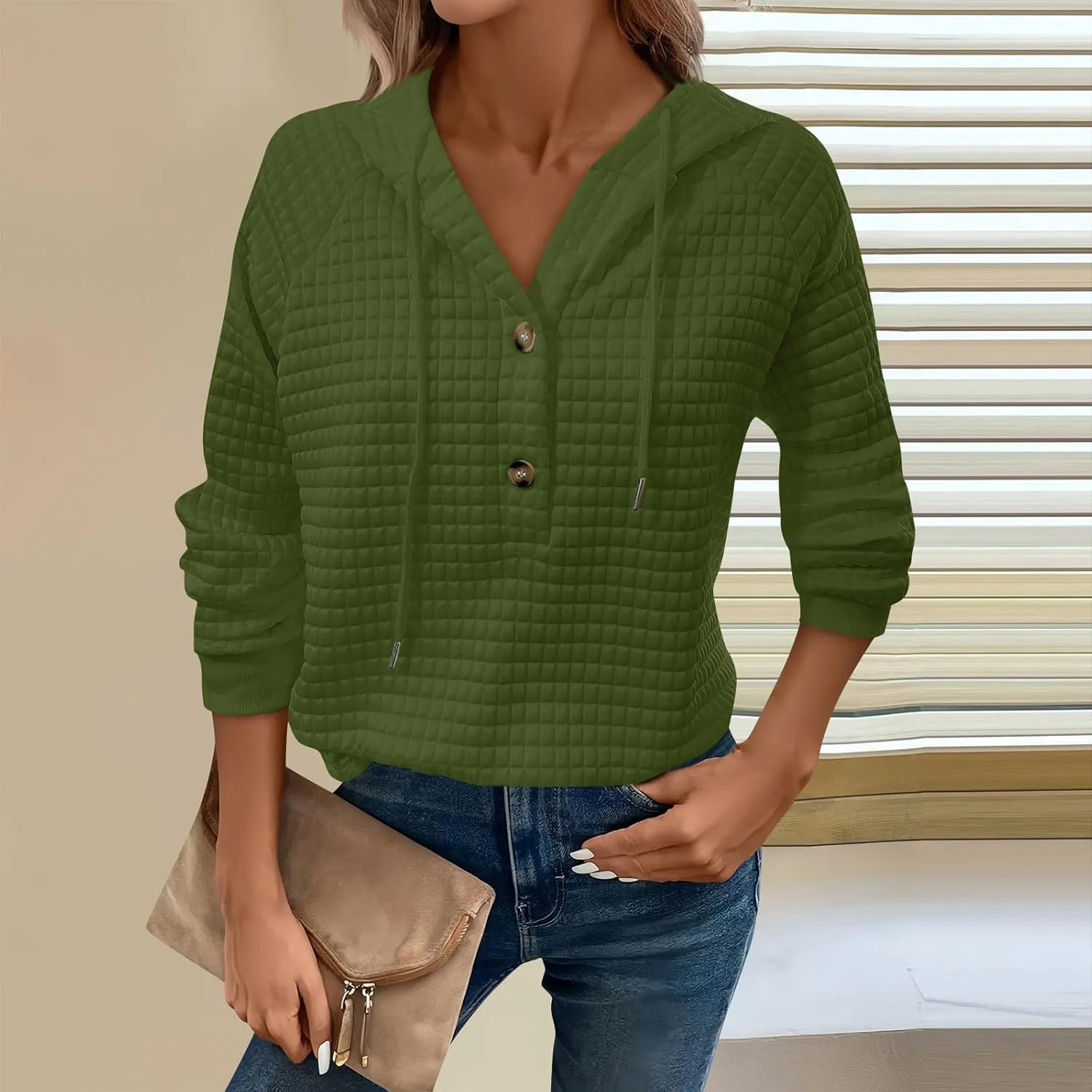 Hoodies For Women Waffle Knit Long Sleeve Shirts Drawstring Button V Neck Tops Fall Loose Fit Pullover Sweatshirt