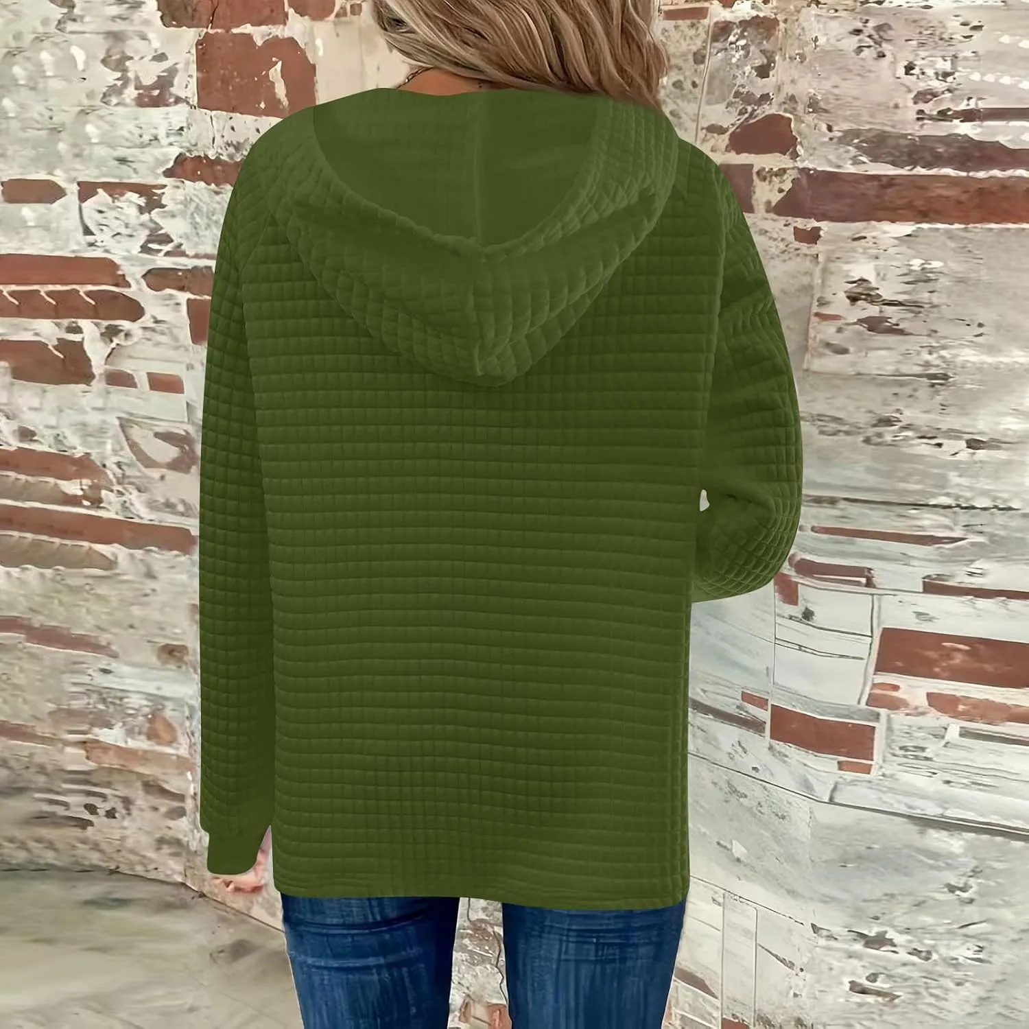 Hoodies For Women Waffle Knit Long Sleeve Shirts Drawstring Button V Neck Tops Fall Loose Fit Pullover Sweatshirt