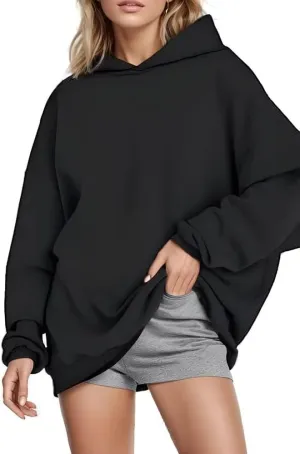 Hoodies Oversized Woman Fleece Hooded Pullover Tops Sweaters Drop Shoulder Long Sleeve Solid Color Tops for Leggings