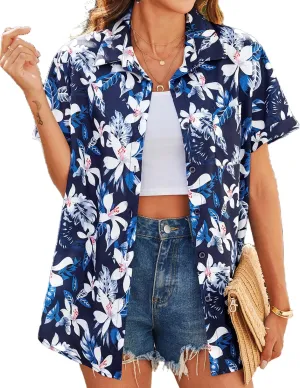 HOTOUCH Hawaiian Shirts for Women Summer Cool Hawaii Floral Tropic Print Blouses Beach Short Sleeve Button Up Tops