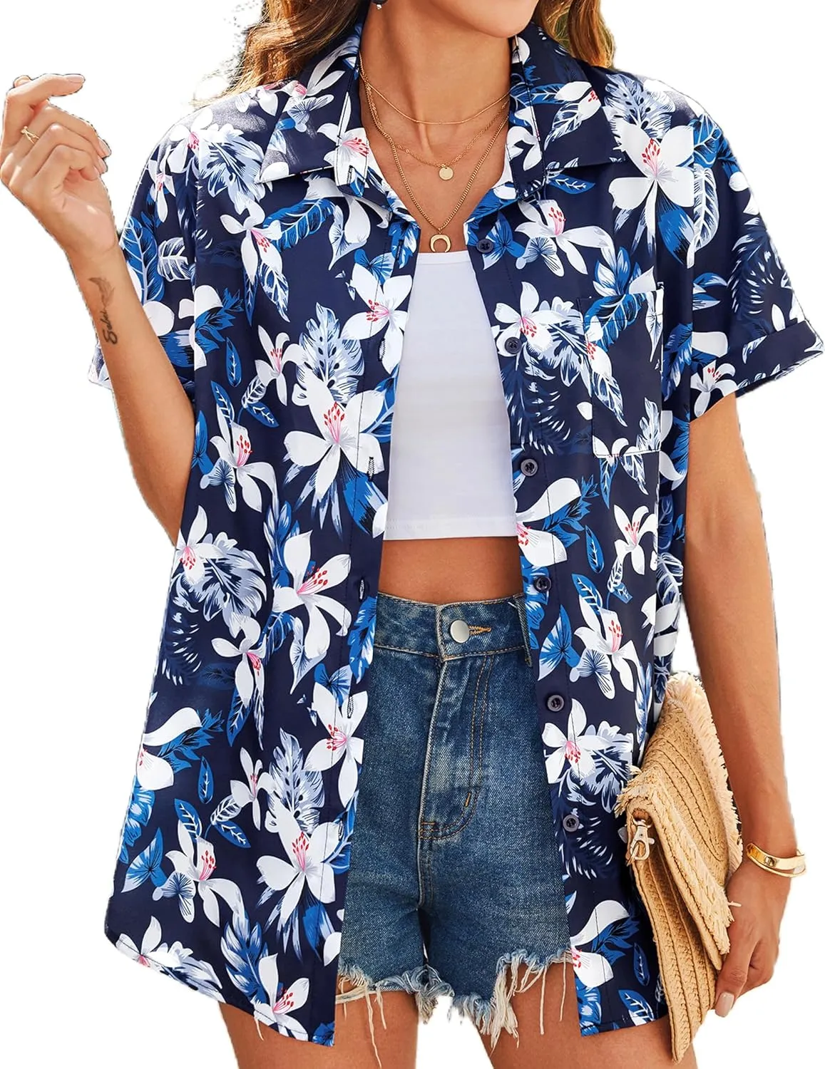 HOTOUCH Hawaiian Shirts for Women Summer Cool Hawaii Floral Tropic Print Blouses Beach Short Sleeve Button Up Tops