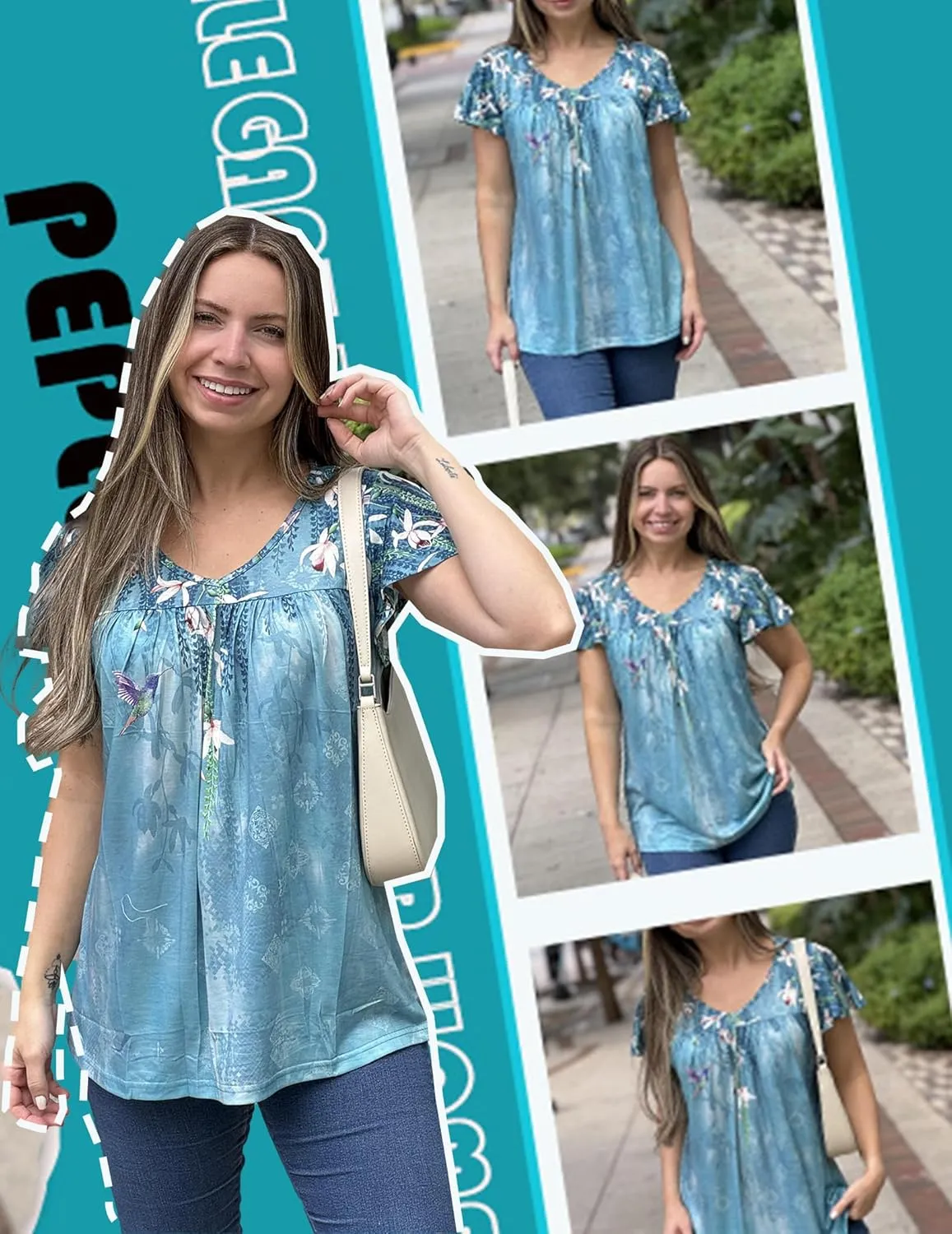 HOTOUCH Womens Short Sleeve Tunic Tops V Neck Loose Fit Ruffle Sleeve Shirts Summer Floral Dressy Casual Boho Blouses