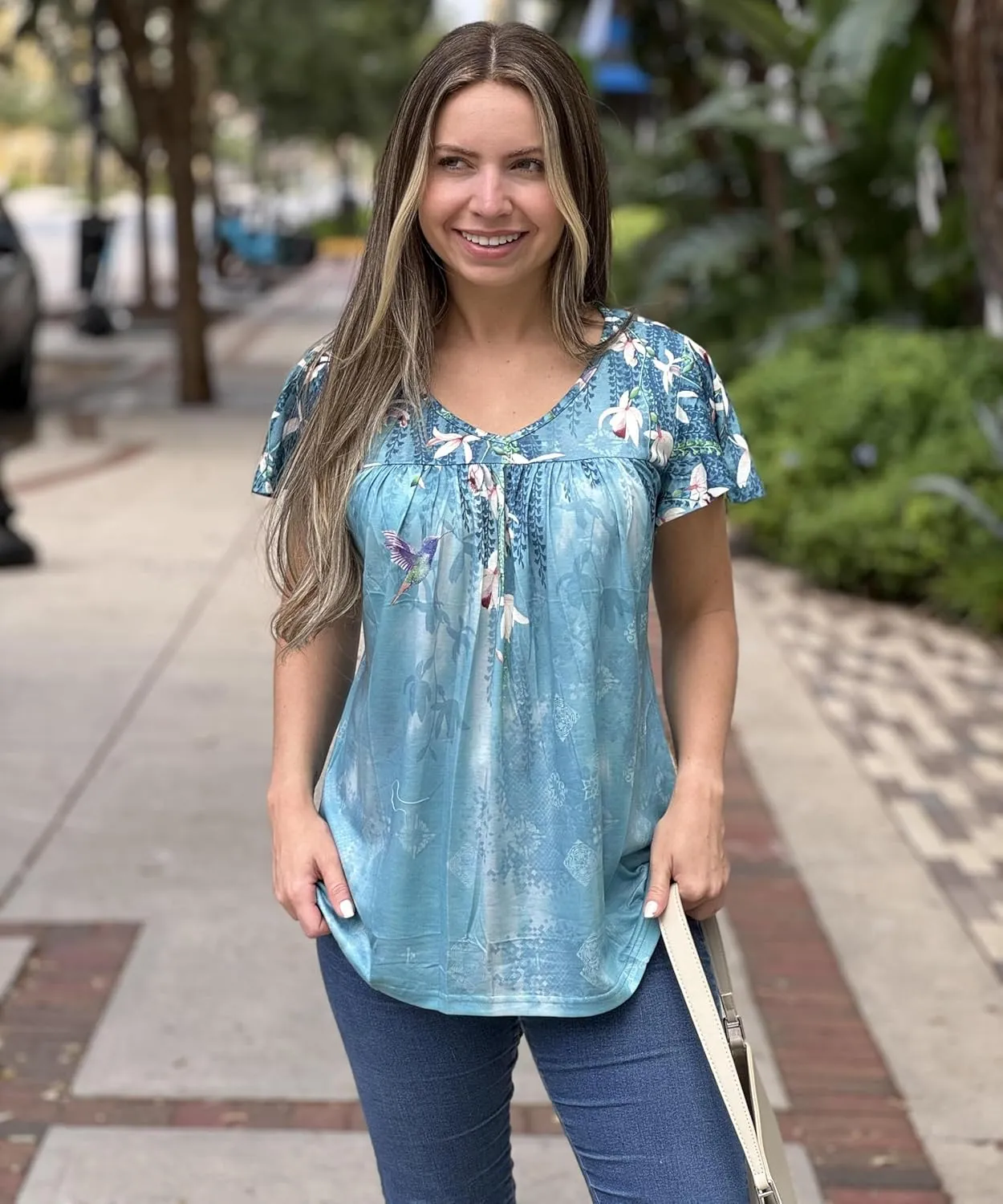 HOTOUCH Womens Short Sleeve Tunic Tops V Neck Loose Fit Ruffle Sleeve Shirts Summer Floral Dressy Casual Boho Blouses