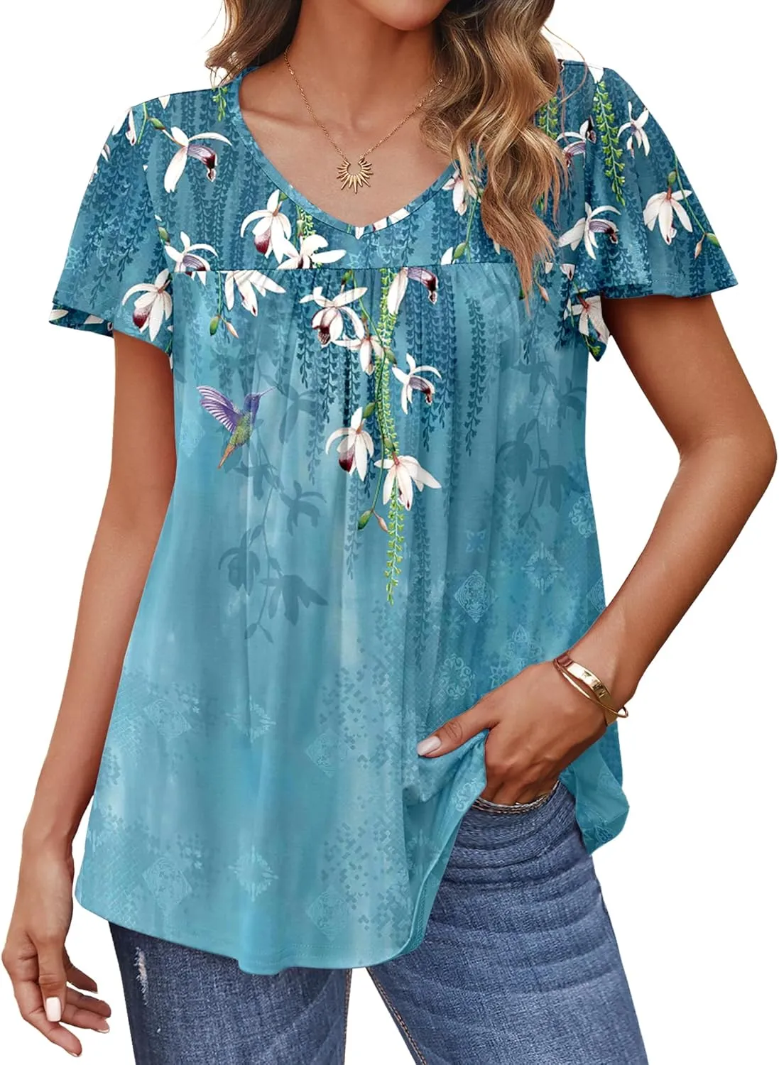 HOTOUCH Womens Short Sleeve Tunic Tops V Neck Loose Fit Ruffle Sleeve Shirts Summer Floral Dressy Casual Boho Blouses