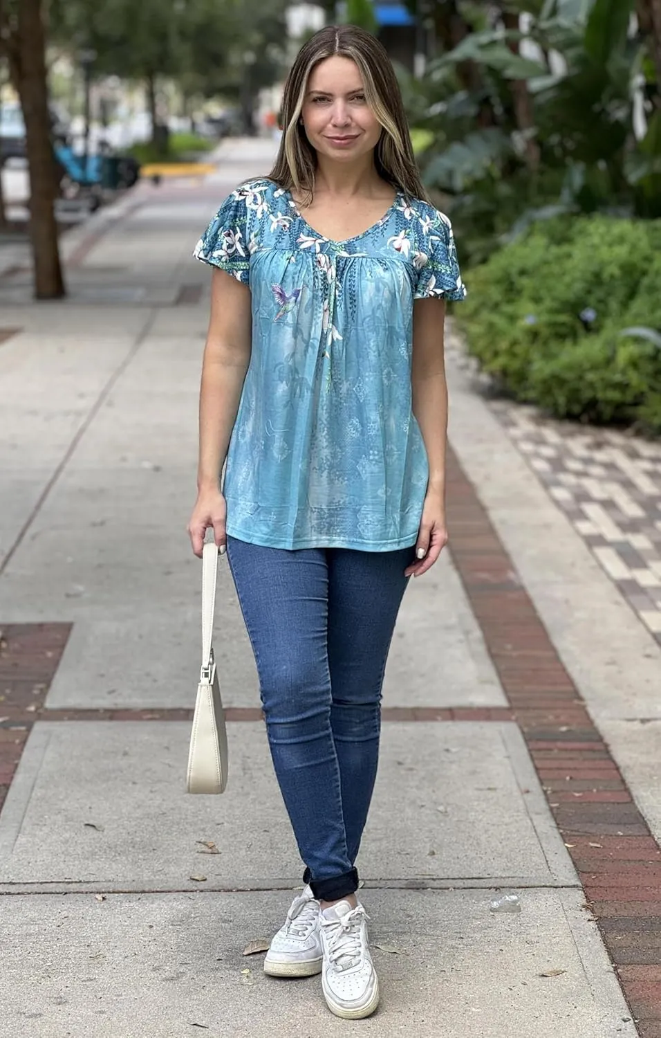 HOTOUCH Womens Short Sleeve Tunic Tops V Neck Loose Fit Ruffle Sleeve Shirts Summer Floral Dressy Casual Boho Blouses