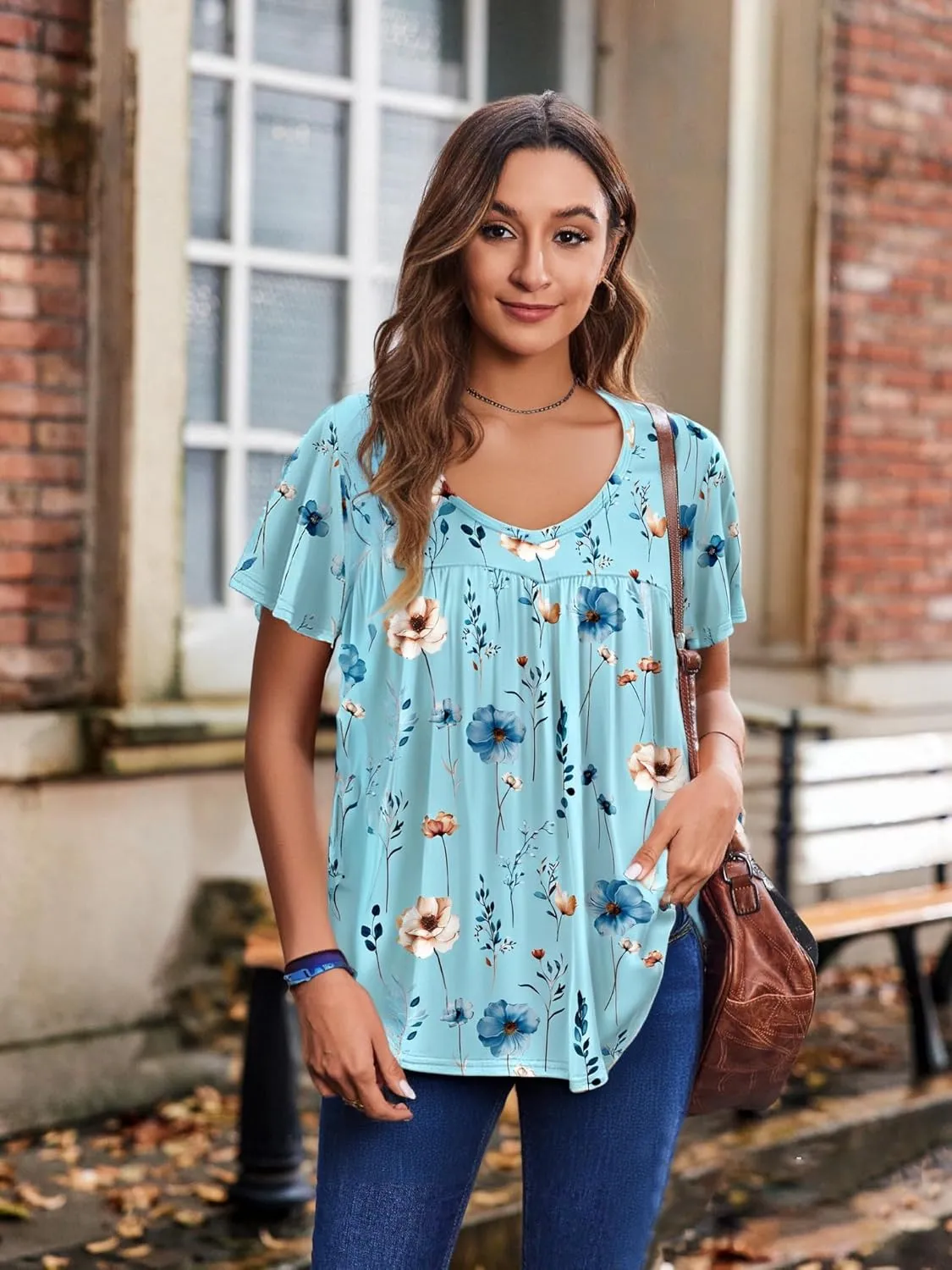 HOTOUCH Womens Short Sleeve Tunic Tops V Neck Loose Fit Ruffle Sleeve Shirts Summer Floral Dressy Casual Boho Blouses