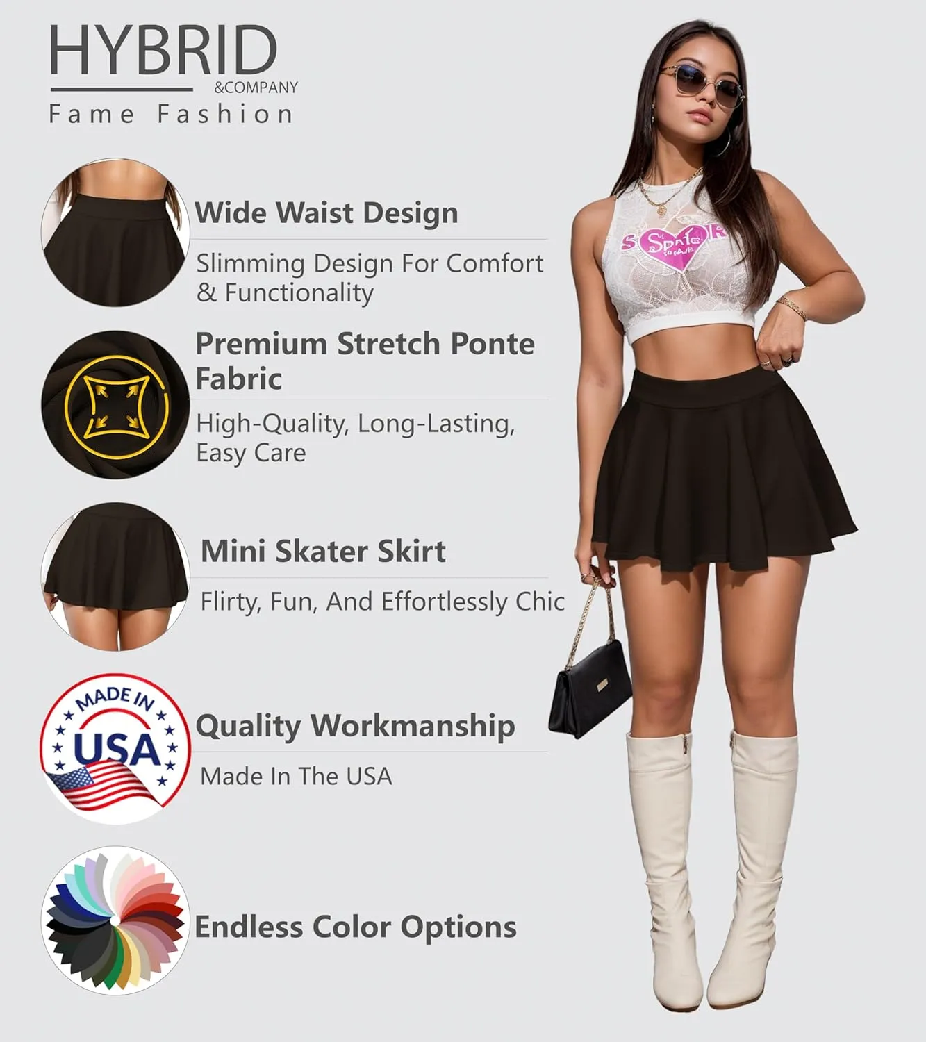 Hybrid & Company Womens Stretch Super Short Flared Casual Nylon Ponte Mini Skate Skirt