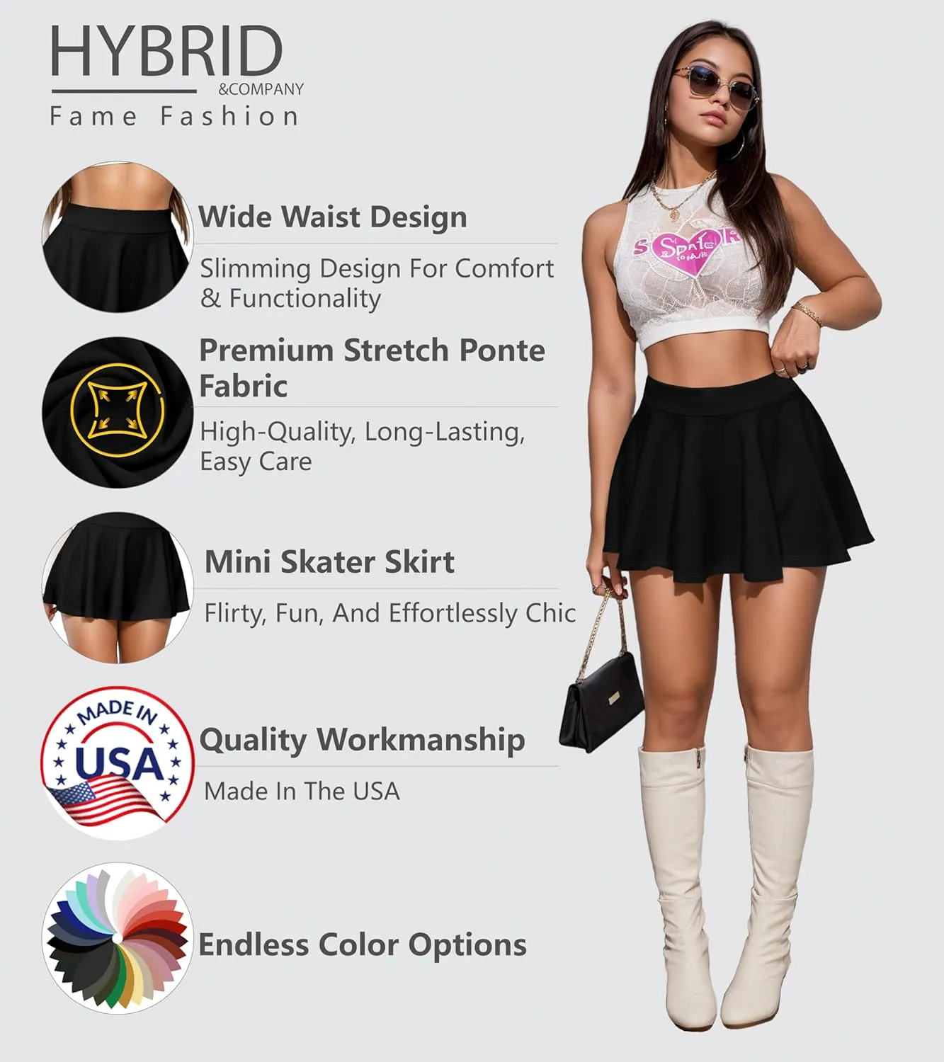 Hybrid & Company Womens Stretch Super Short Flared Casual Nylon Ponte Mini Skate Skirt
