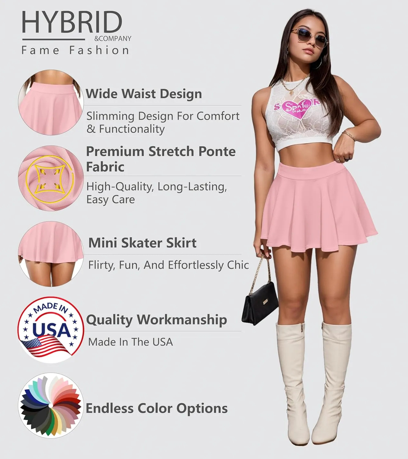 Hybrid & Company Womens Stretch Super Short Flared Casual Nylon Ponte Mini Skate Skirt