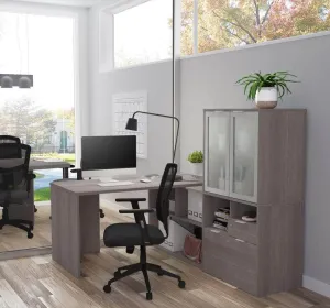 i3 Plus L-shaped Desk with Frosted Glass Doors Hutch - Available in 2 Colours