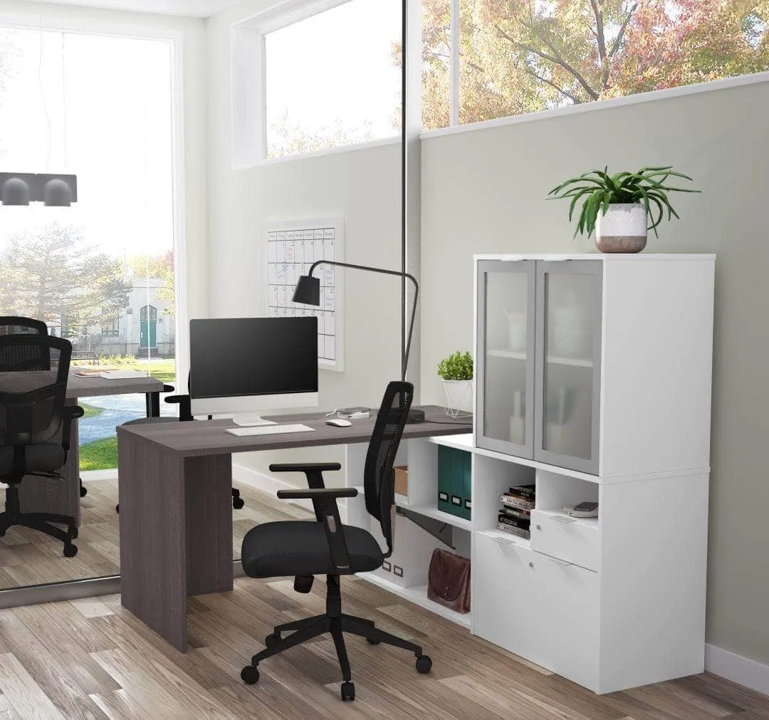 i3 Plus L-shaped Desk with Frosted Glass Doors Hutch - Available in 2 Colours