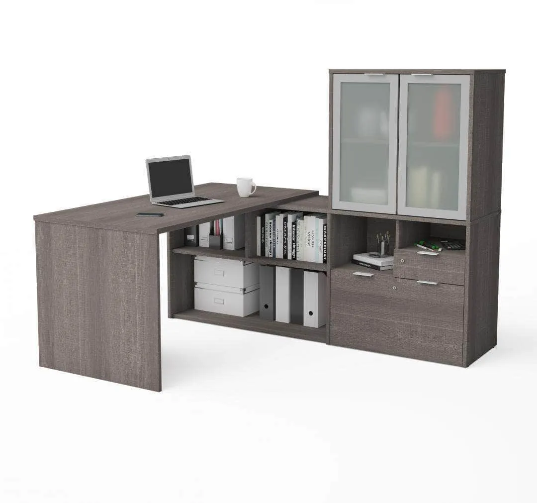 i3 Plus L-shaped Desk with Frosted Glass Doors Hutch - Available in 2 Colours