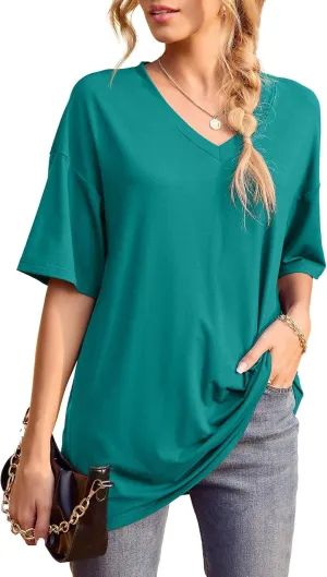 Iandroiy Womens Short Sleeve Tops Dolman V Neck T-Shirts Summer Casual Tunic Tops