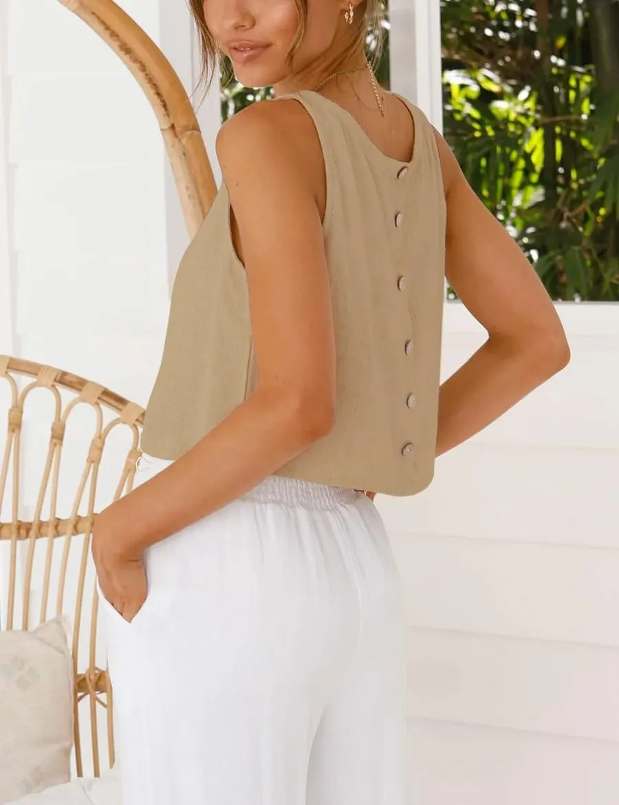 IDEALSANXUN Womens Linen Crop Tank Tops Cute Summer Sleeveless Cropped Cotton Linen Tops