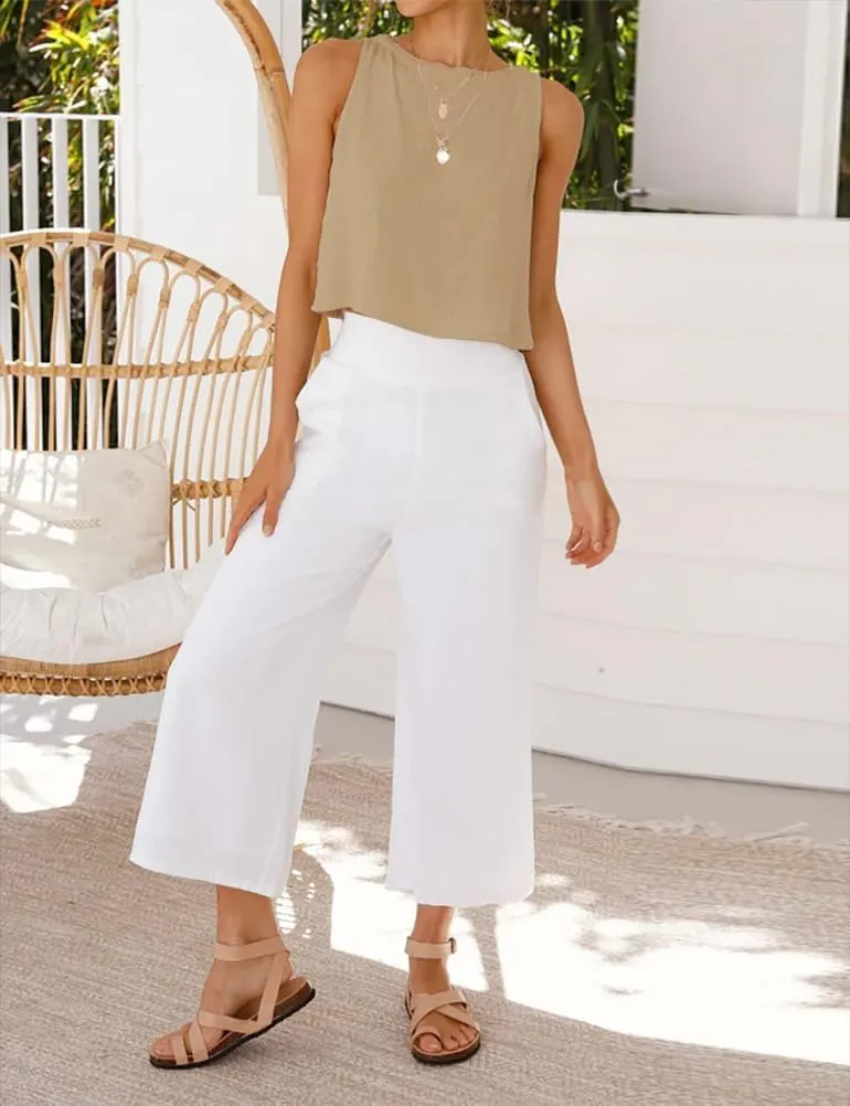 IDEALSANXUN Womens Linen Crop Tank Tops Cute Summer Sleeveless Cropped Cotton Linen Tops