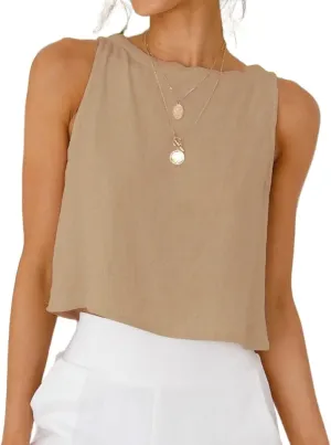 IDEALSANXUN Womens Linen Crop Tank Tops Cute Summer Sleeveless Cropped Cotton Linen Tops