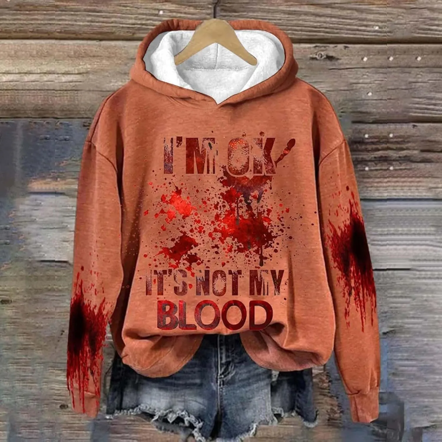I'M Ok It's Not My Blood Sweatshirt for Women Oversized Halloween Hoodie Graphic Pullover Funny Long Sleeve Tee Top