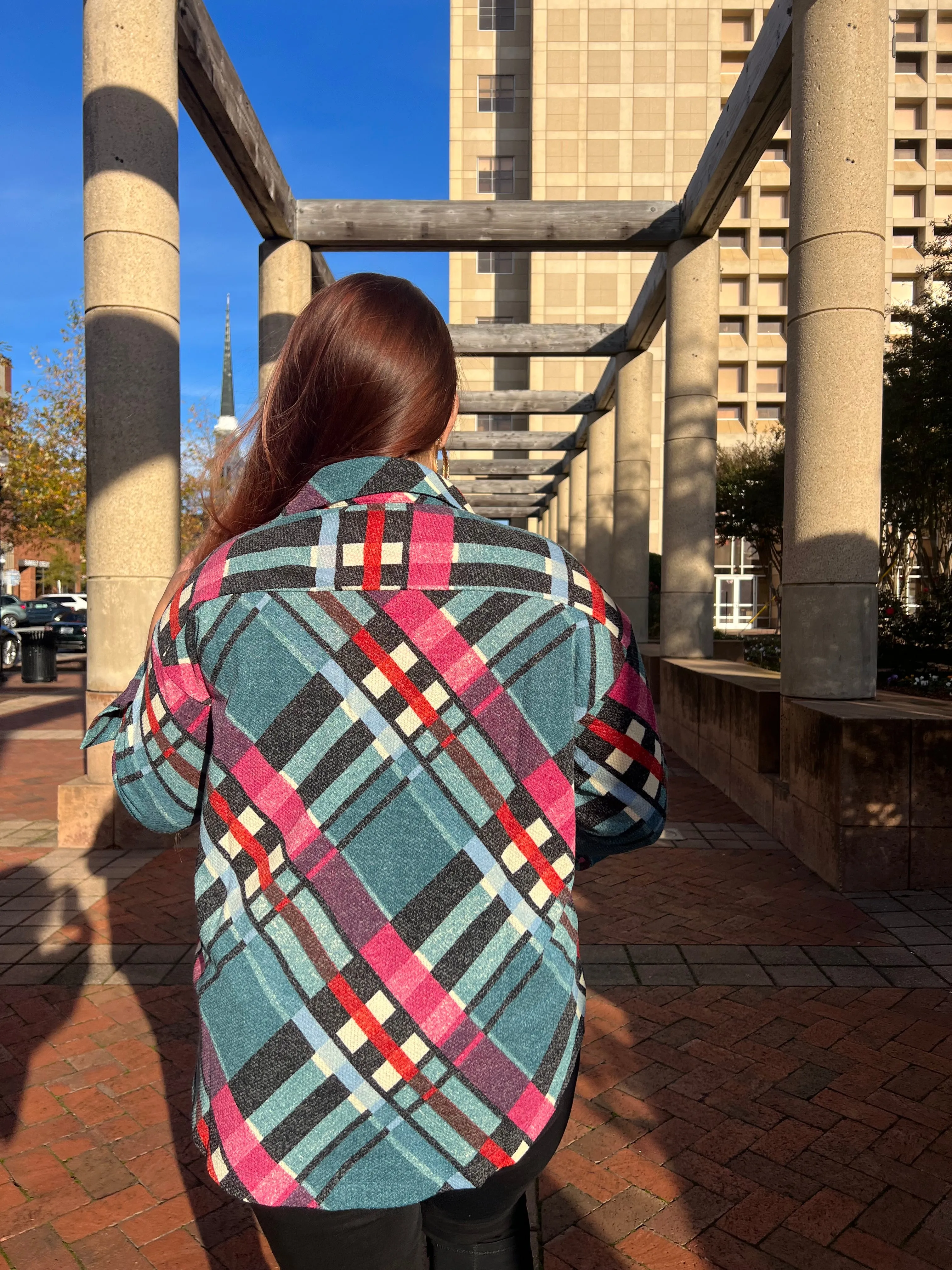 Jacquard Plaid Shacket With Pockets