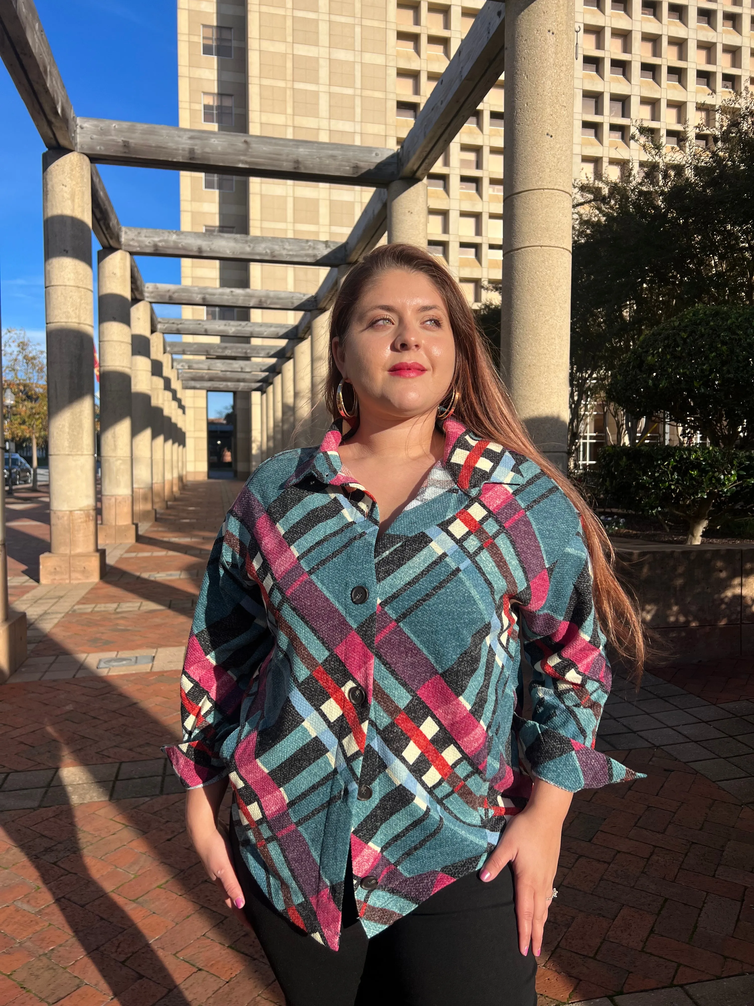 Jacquard Plaid Shacket With Pockets