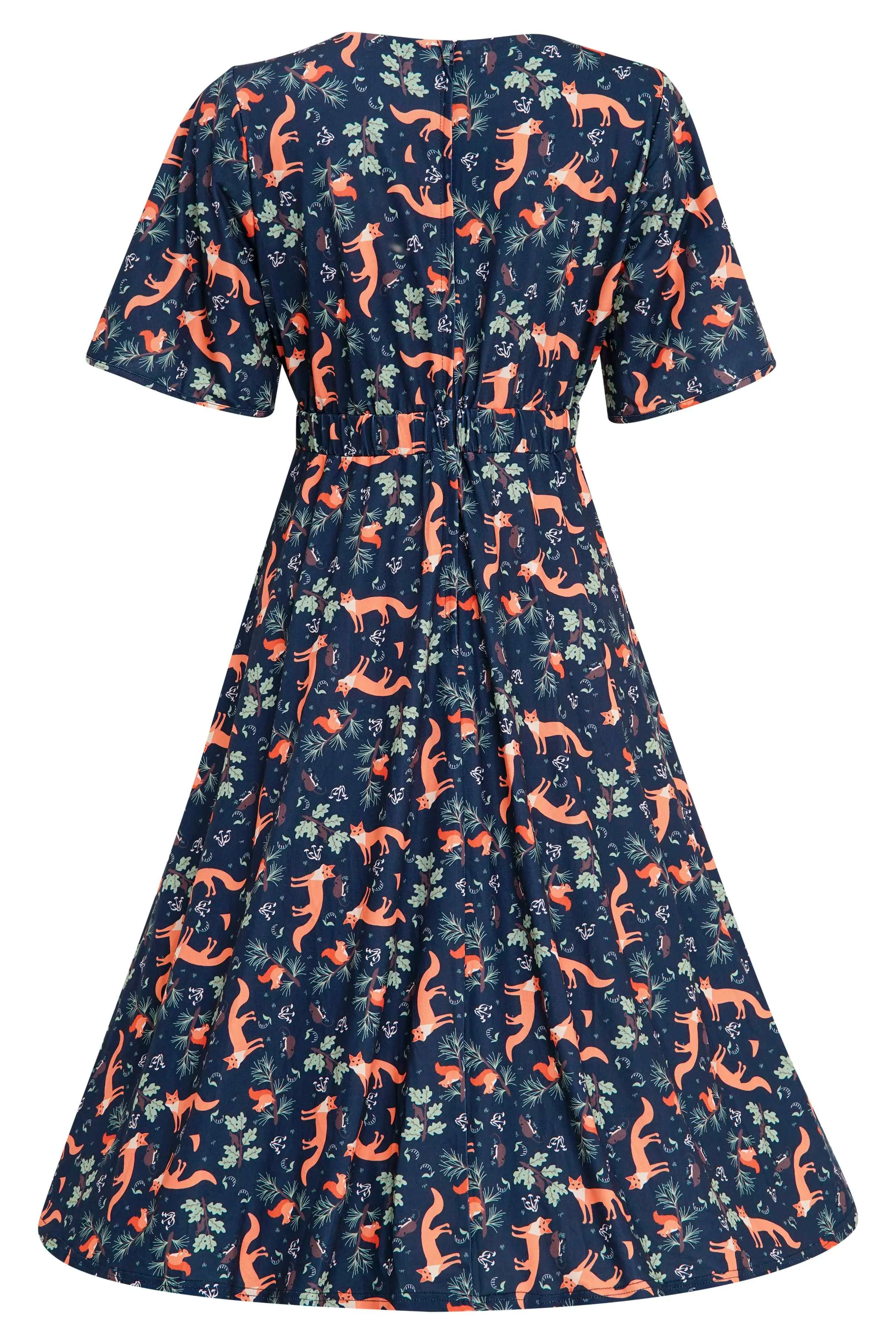 Janice Petal Sleeve Tea Dress in Navy Blue Fox Print