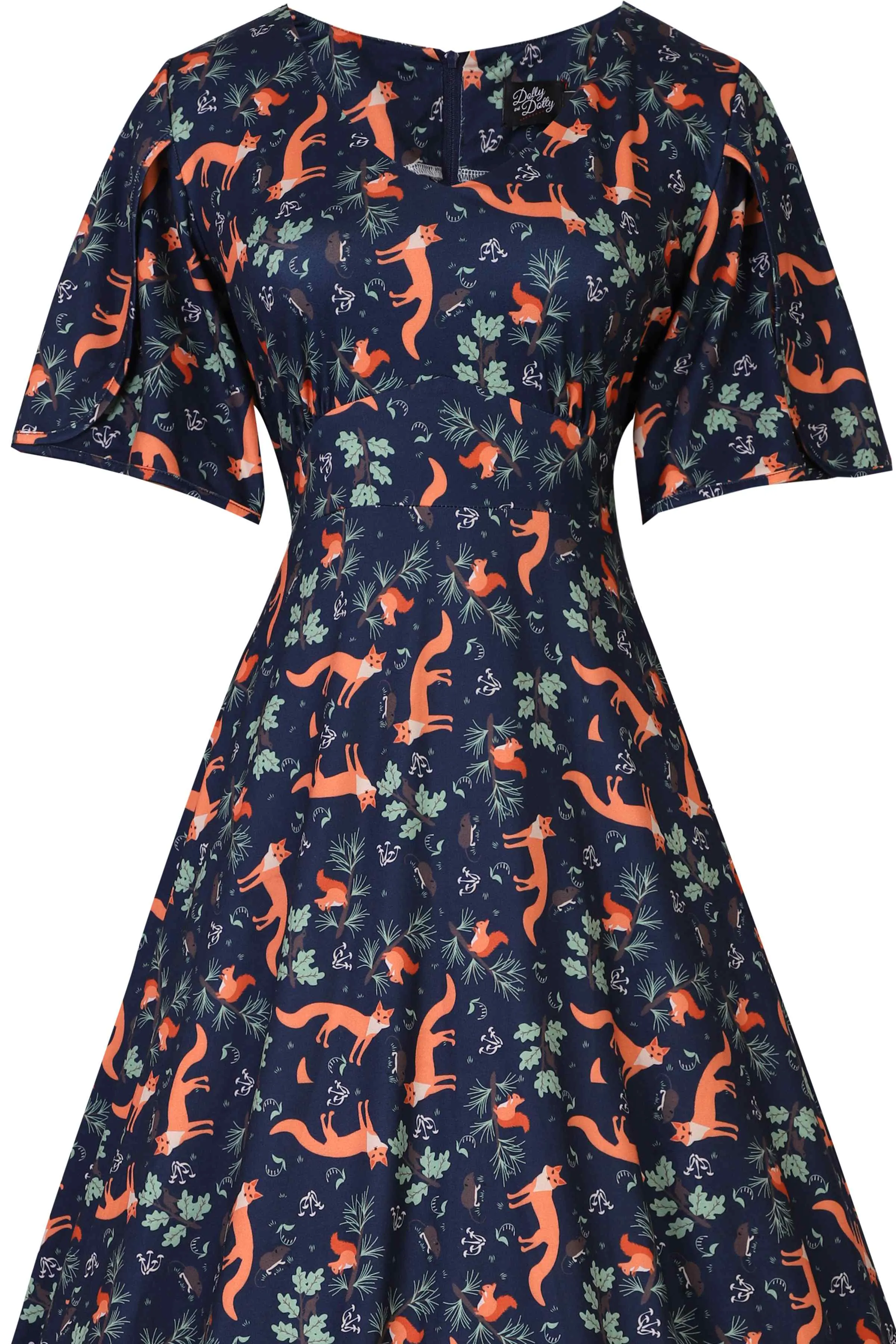 Janice Petal Sleeve Tea Dress in Navy Blue Fox Print