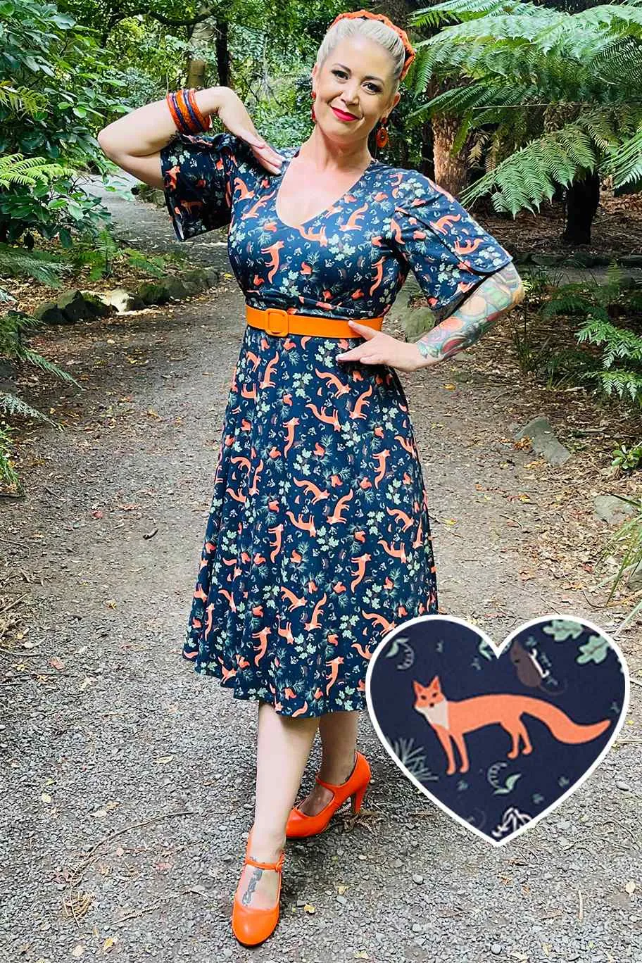 Janice Petal Sleeve Tea Dress in Navy Blue Fox Print
