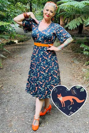 Janice Petal Sleeve Tea Dress in Navy Blue Fox Print