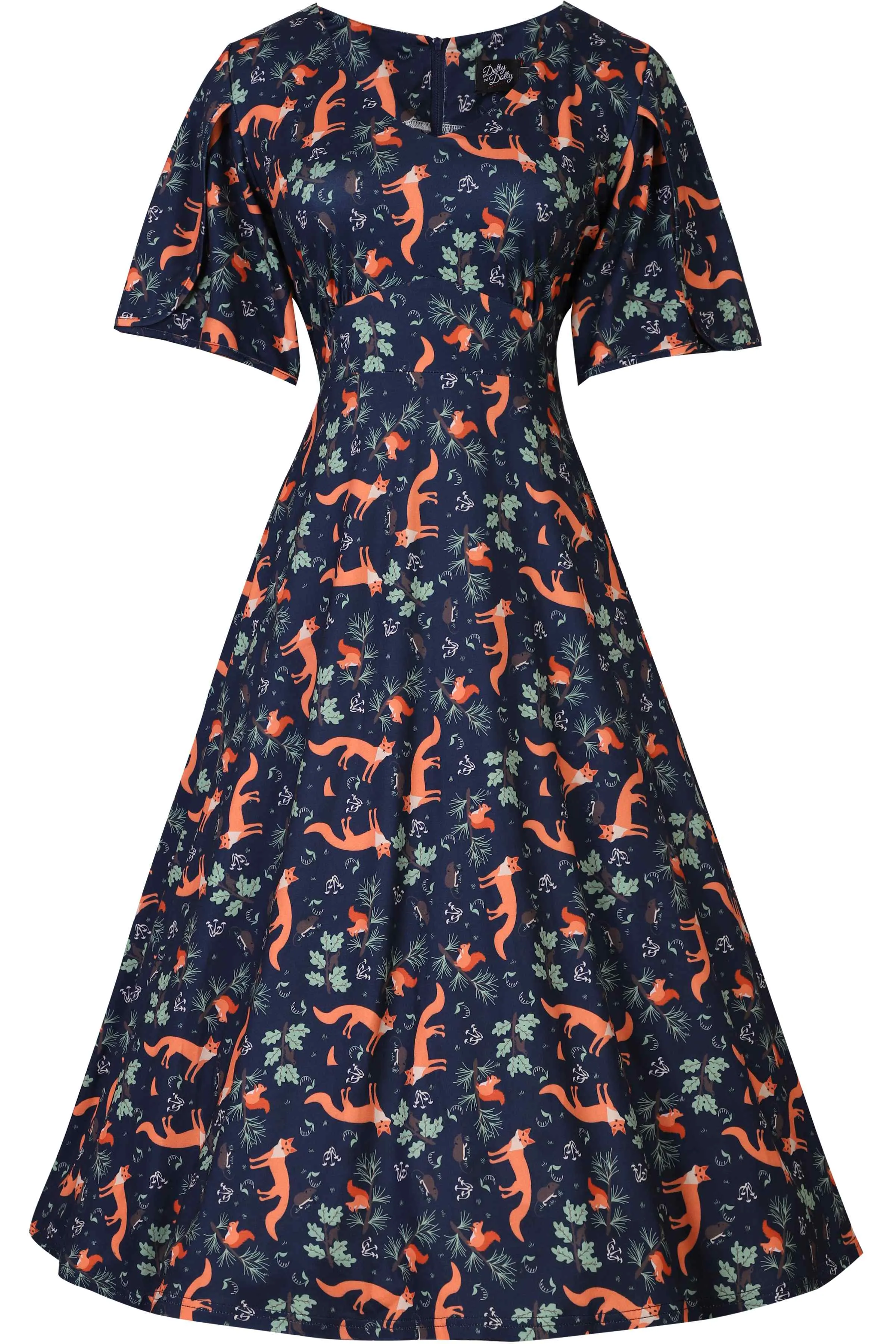 Janice Petal Sleeve Tea Dress in Navy Blue Fox Print