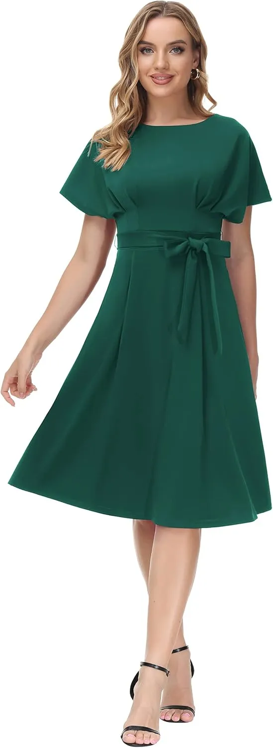 JASAMBAC Business Casual Dress for Women Batwing Sleeve A Line Dress with Belt Pockets