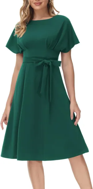 JASAMBAC Business Casual Dress for Women Batwing Sleeve A Line Dress with Belt Pockets
