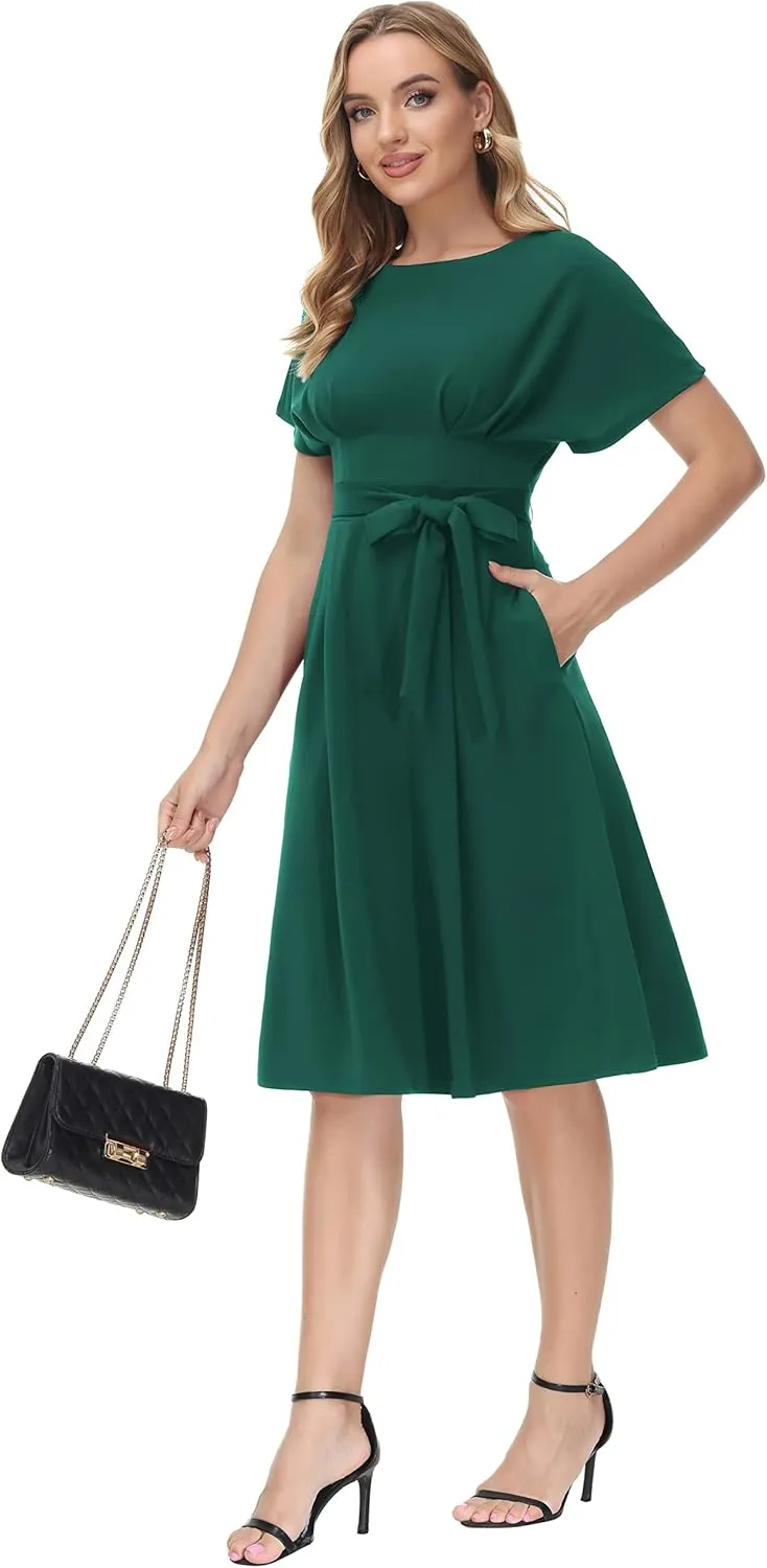 JASAMBAC Business Casual Dress for Women Batwing Sleeve A Line Dress with Belt Pockets