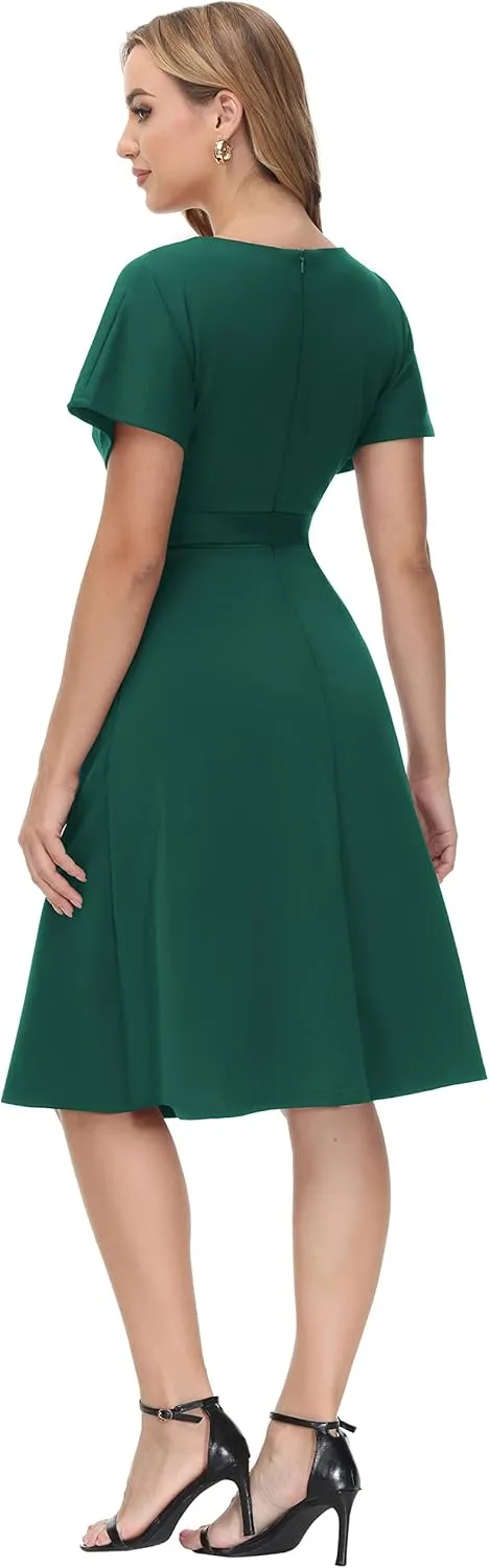 JASAMBAC Business Casual Dress for Women Batwing Sleeve A Line Dress with Belt Pockets