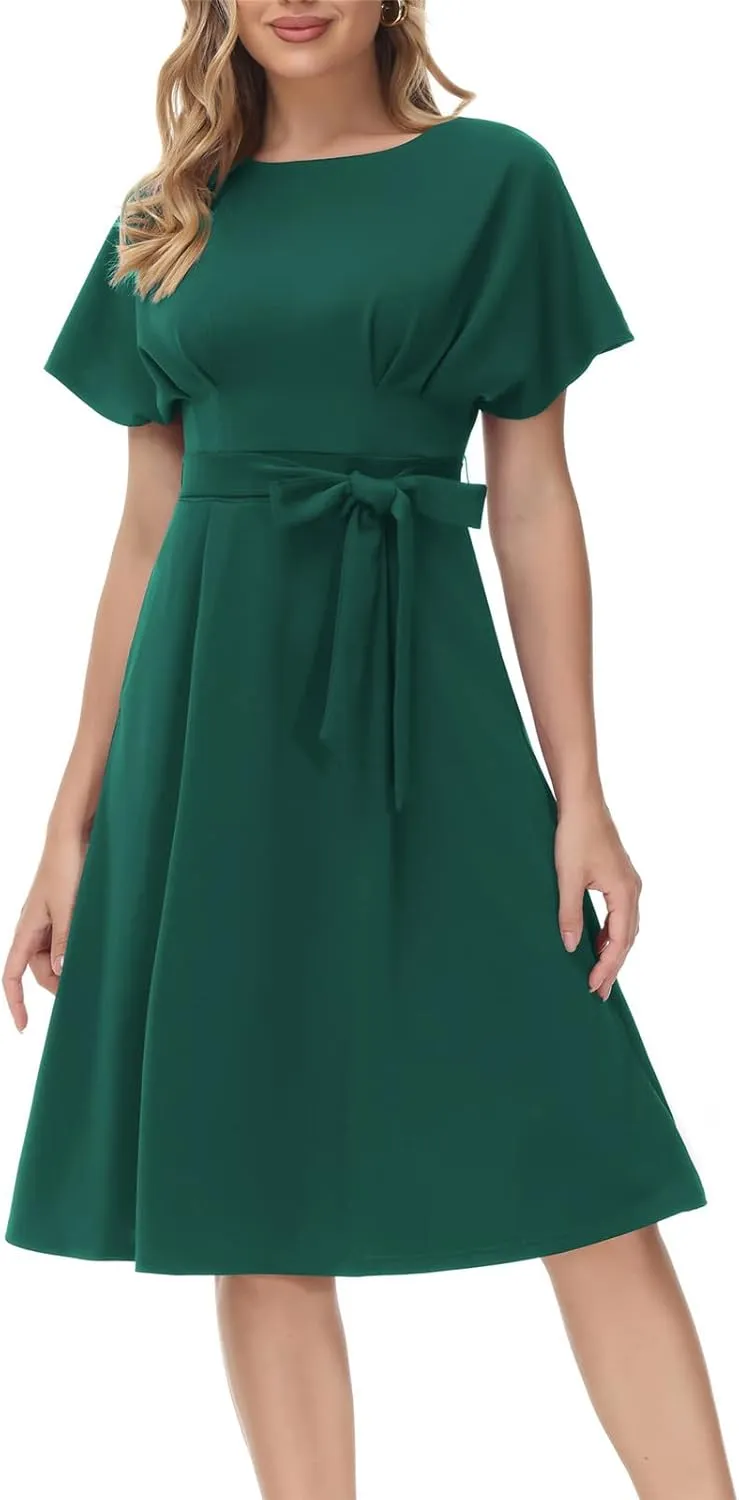 JASAMBAC Business Casual Dress for Women Batwing Sleeve A Line Dress with Belt Pockets