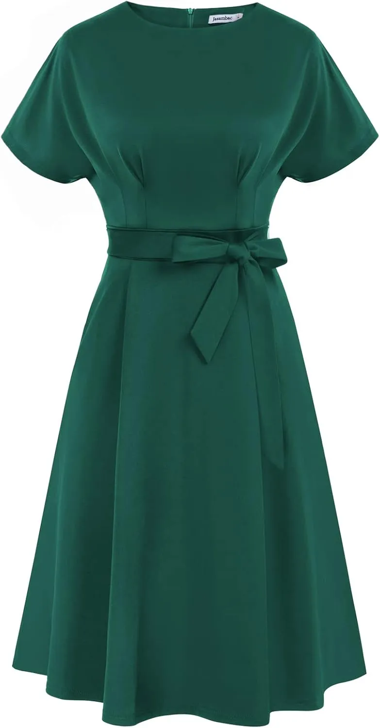 JASAMBAC Business Casual Dress for Women Batwing Sleeve A Line Dress with Belt Pockets