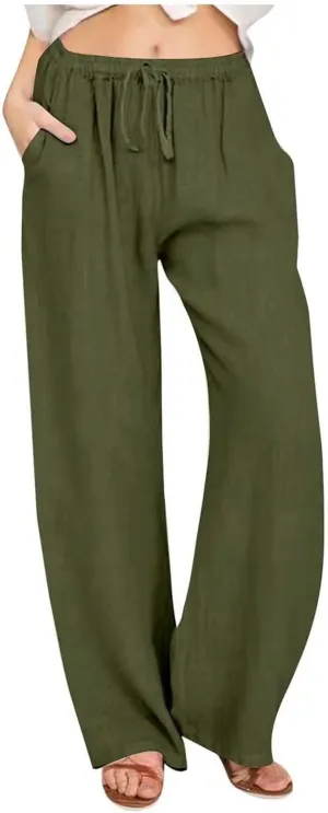 JiXiang Women Linen Pants Summer Wide Leg Casual Loose Drawstring High Waist Palazzo Pants Trousers with Pockets