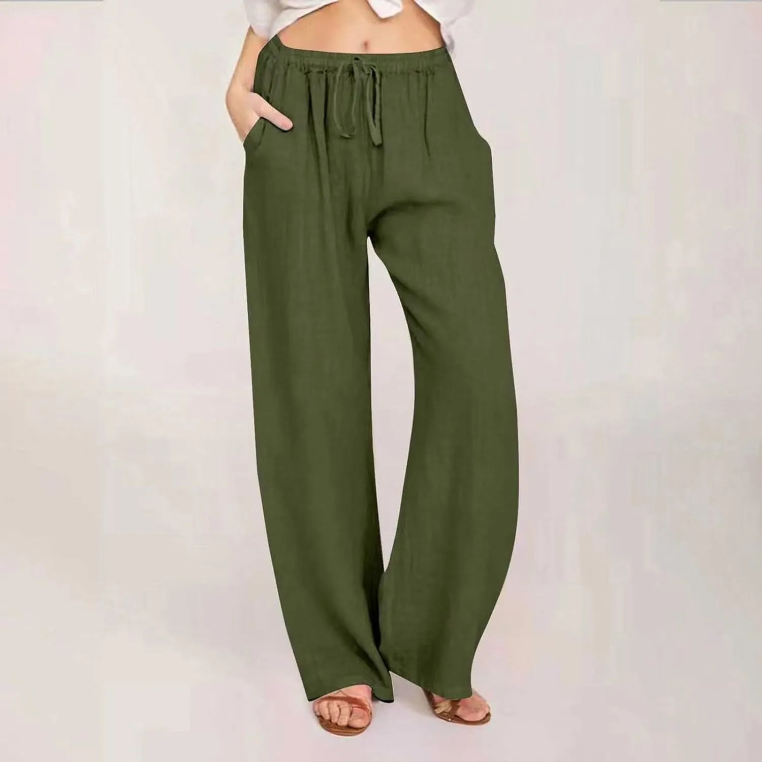 JiXiang Women Linen Pants Summer Wide Leg Casual Loose Drawstring High Waist Palazzo Pants Trousers with Pockets