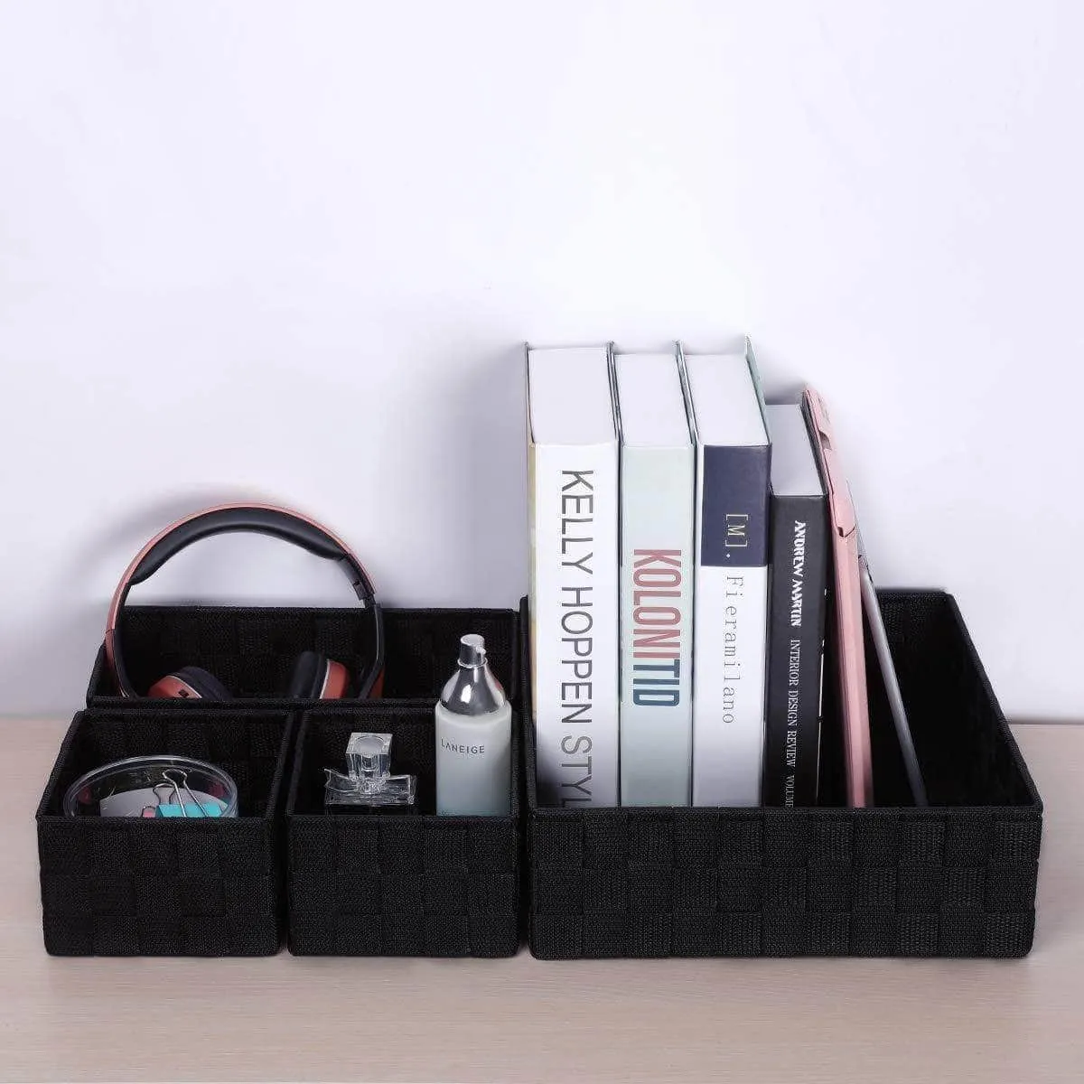 KEDSUM Woven Storage Box Cube Basket Bin Container - Tote Cube Organizer Divider for Drawer, Closet, Shelf, Dresser, Set of 4 (Black)