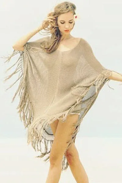 Khaki Knit Fringed Poncho Beachwear
