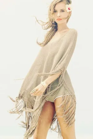 Khaki Knit Fringed Poncho Beachwear