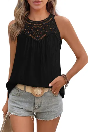 KIRUNDO Halter Tank Tops for Women 2025 Crochet Lace Summer Shirts Boho Cute Sleeveless Blouses Beach Vacation Outfits