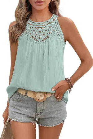 KIRUNDO Halter Tank Tops for Women 2025 Crochet Lace Summer Shirts Boho Cute Sleeveless Blouses Beach Vacation Outfits