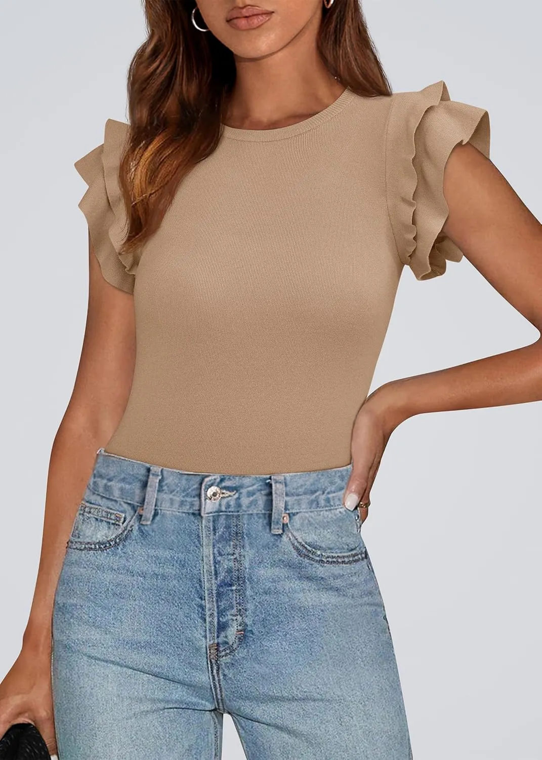 KIRUNDO Spring Tops for Women Flutter Short Sleeve Sweater Casual Crewneck Knit Pullover Shirts 2025 Fashion Summer Clothing