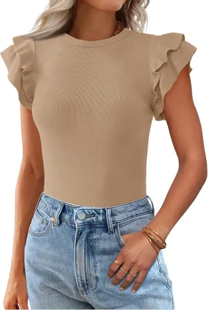 KIRUNDO Spring Tops for Women Flutter Short Sleeve Sweater Casual Crewneck Knit Pullover Shirts 2025 Fashion Summer Clothing
