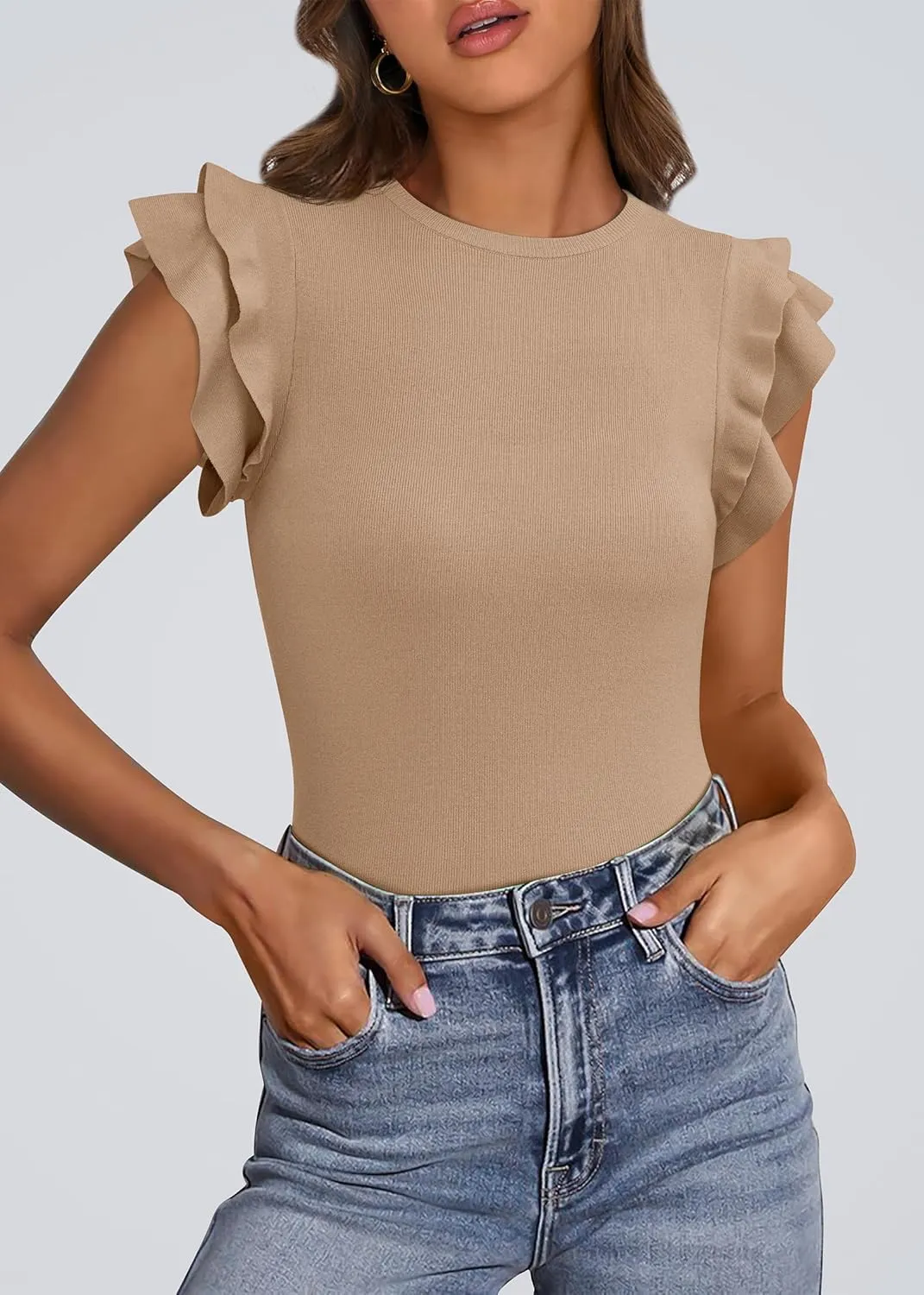 KIRUNDO Spring Tops for Women Flutter Short Sleeve Sweater Casual Crewneck Knit Pullover Shirts 2025 Fashion Summer Clothing